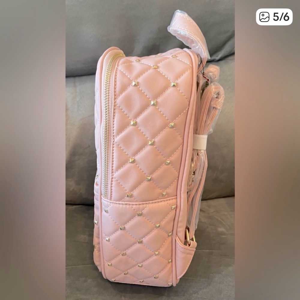Pink Quilted Studded Backpack with Gold Monogram - Picture 5 of 6